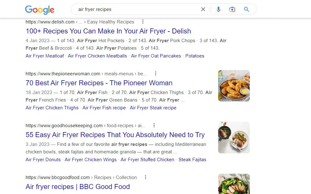 Google search result a places to Find Recipes for your Air Fryer